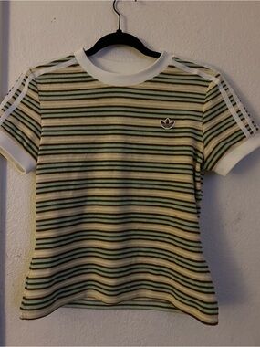 Adidas womens Green Striped Logo Tee terry material